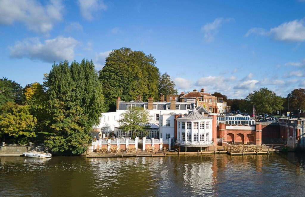 The Mitre Hampton hotel exterior overlooking the River Thames near Hampton Court Palace